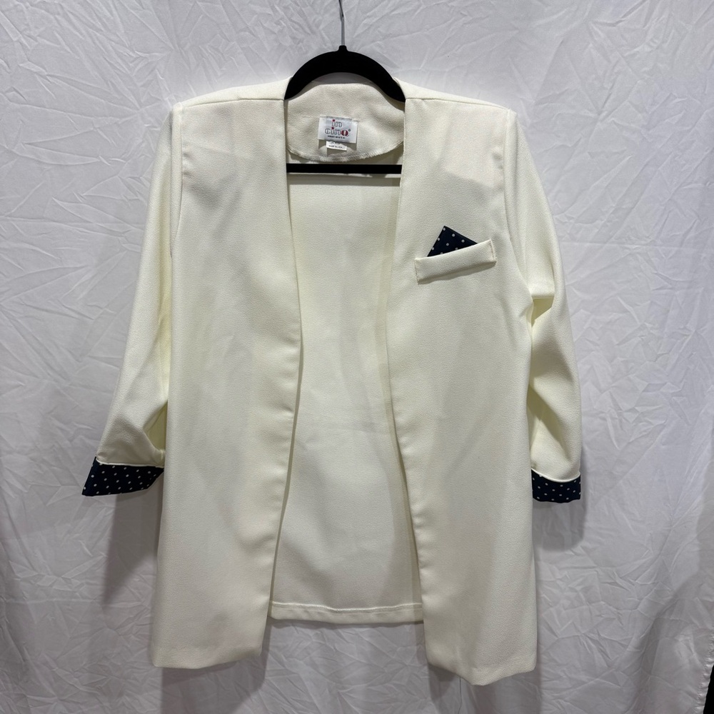 In Cinq‎ White Open Front Longline Blazer 12 Polka Dot Cuff Office Corpcore Work